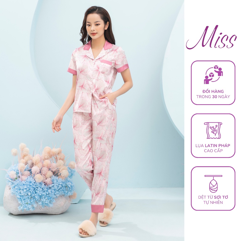 Bộ đồ mặc nhà Pijama lụa Latin Pháp cao cấp Tay cộc quần dài Miss hoạ tiết Hoa kẻ hồng - CD76