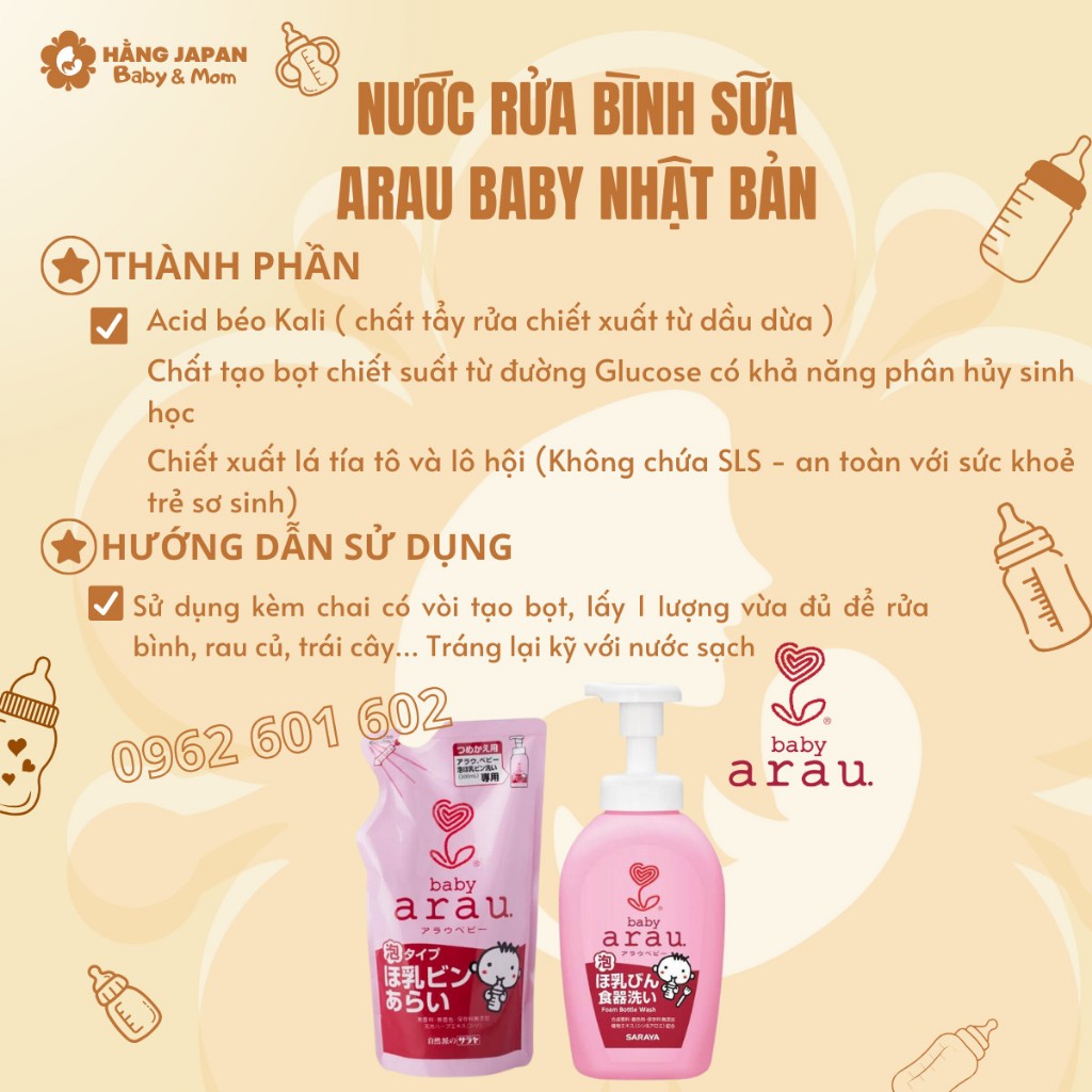 Nước rửa bình sữa cho trẻ Arau Baby bình/túi 450/500ml