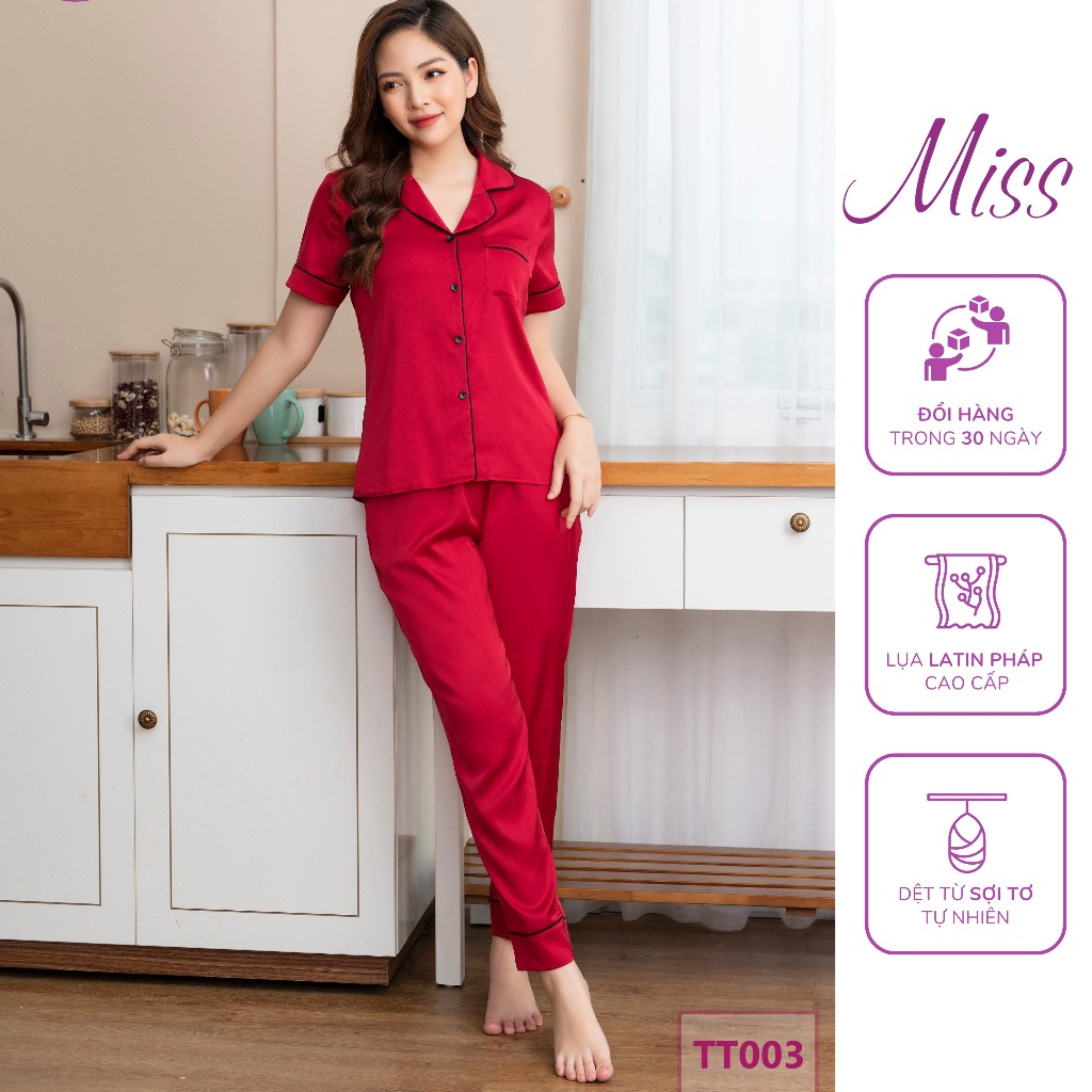 Bộ Đồ Ngủ Lụa trơn Latin Pháp cao cấp, Bộ Pijama mặc nhà lụa trơn thanh lịch sang trọng - TT003- Cộc Né Đỏ