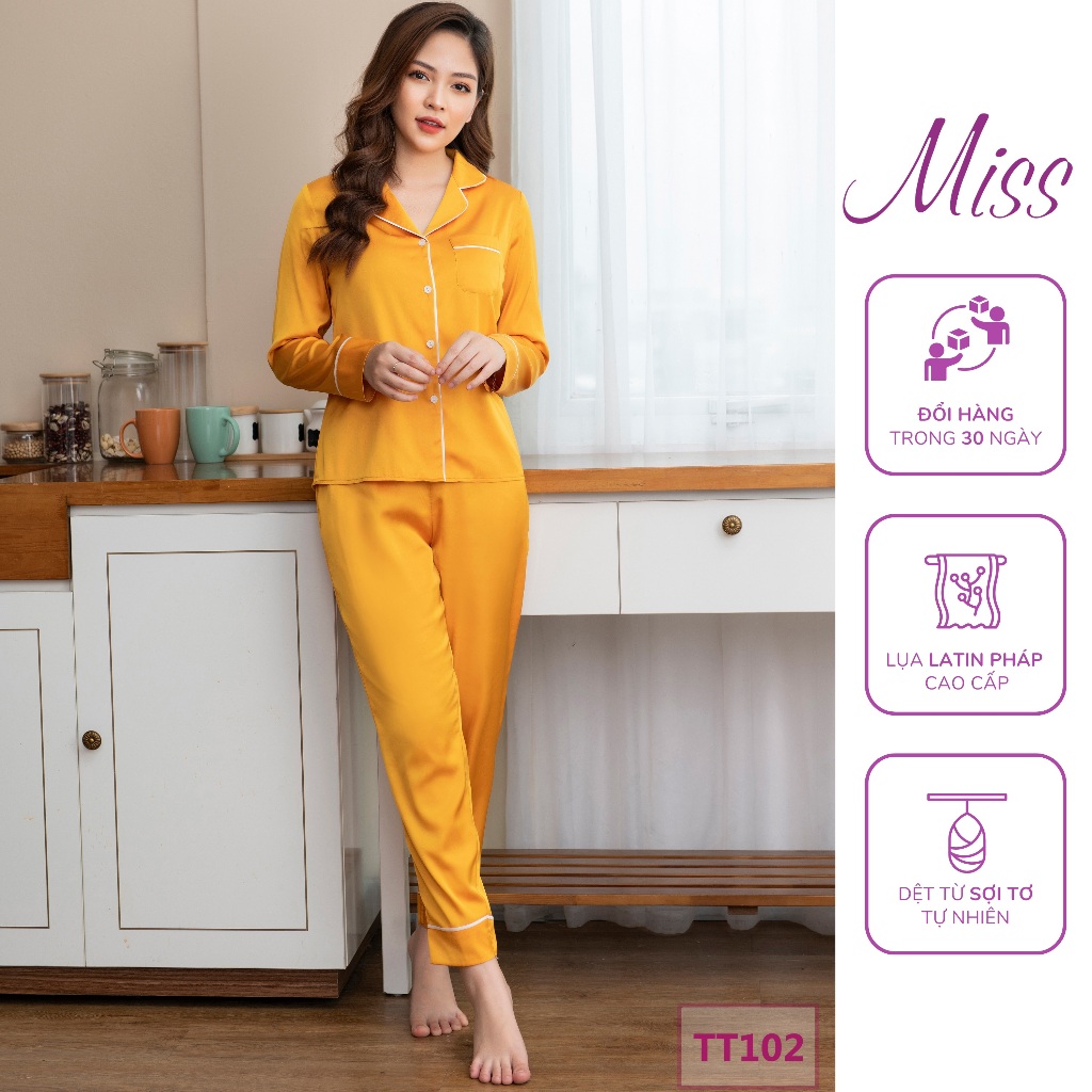 Đồ ngủ lụa dài tay cao cấp, Bộ ngủ nữ lụa trơn Latin Pháp cao cấp - TT102 - Dài Né Vàng