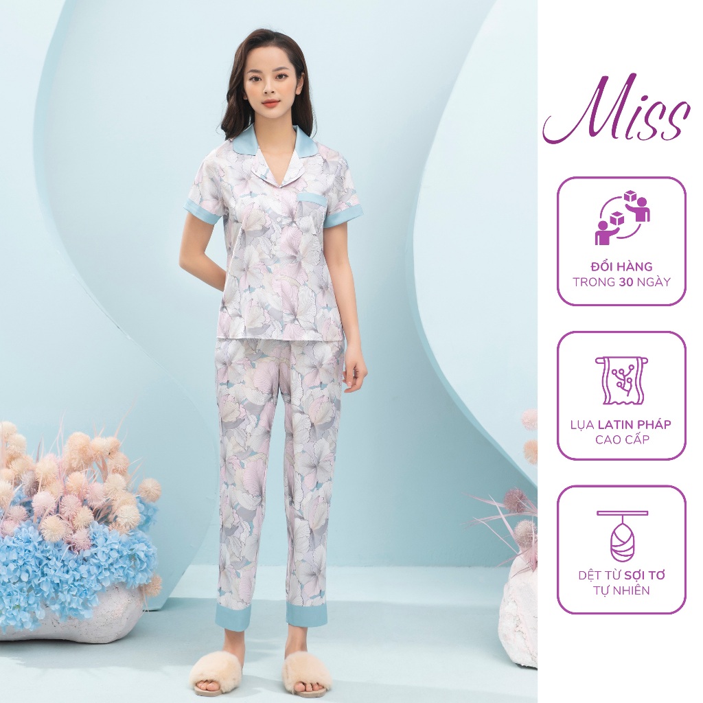 Bộ đồ mặc nhà nữ chất lụa Latin Pháp cao cấp kiểu Tay cộc quần dài Miss hoạ tiết - CD75 - Cộc hoa kẻ xanh