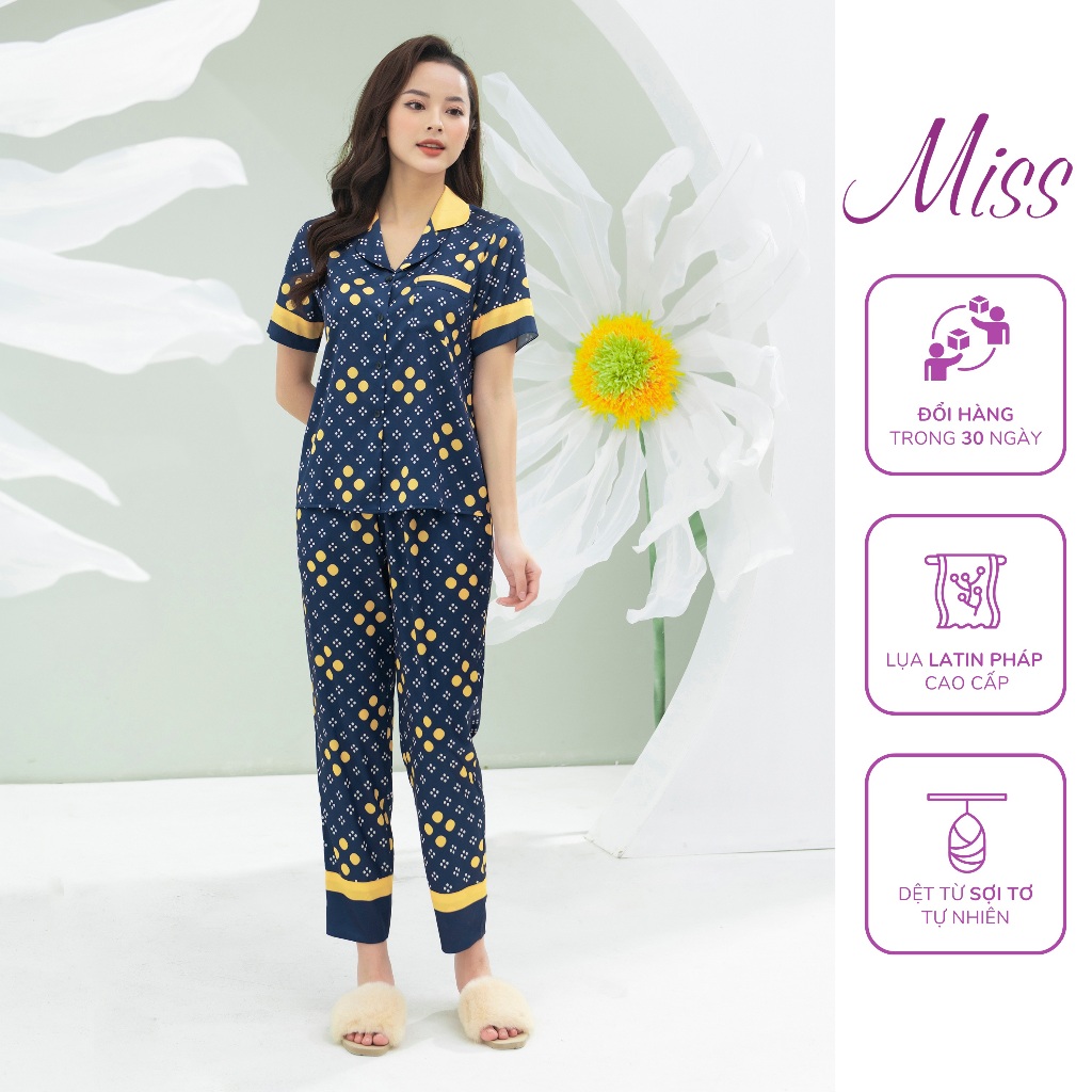 Bộ đồ mặc nhà nữ chất lụa Latin Pháp cao cấp kiểu Tay cộc quần dài Miss hoạ tiết Chấm bi- CD82 - Cộc chấm vàng