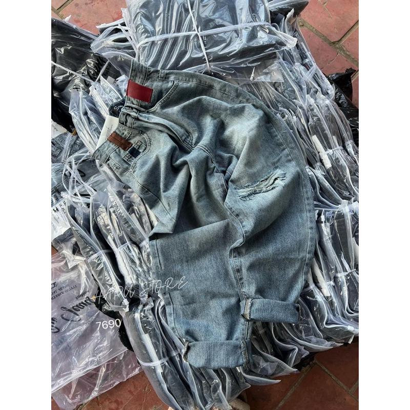 Quần Jeans Baggy Rách Pha Cạp Đỉa Nâu