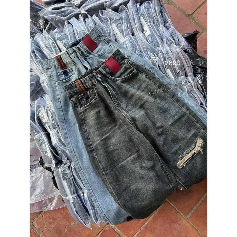 Quần Jeans Baggy Rách Pha Cạp Đỉa Nâu