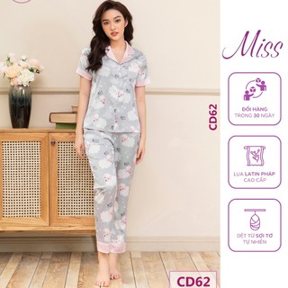 BỘ NGỦ PIJAMA NỮ CỘC TAY MISS LỤA LATIN CAO CẤP,  ĐỒ NGỦ MẶC NHÀ HỌA TIẾT CỪU MISS  - CD62 - Cộc Cừu Miss