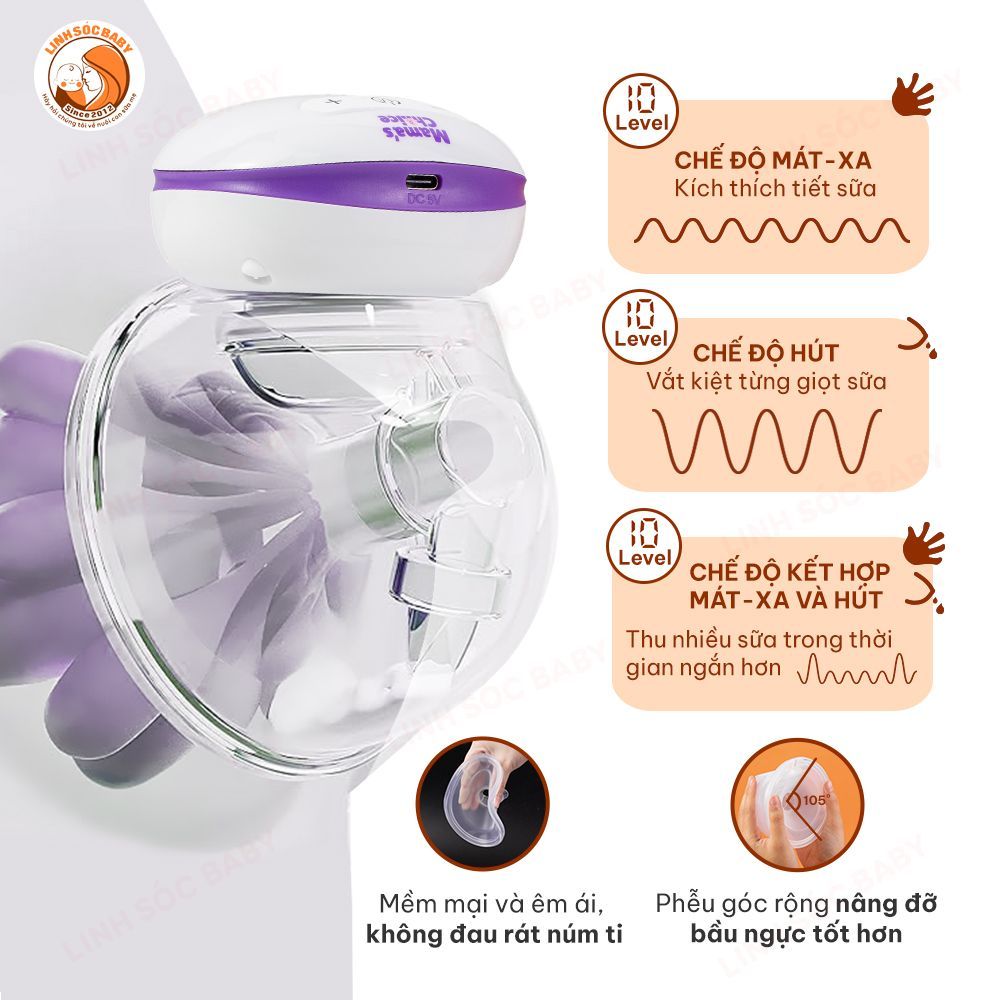 Máy hút sữa không dây Mama Choice | Cup hút sữa rảnh tay phễu silicon mềm mại, vắt sữa hiệu quả