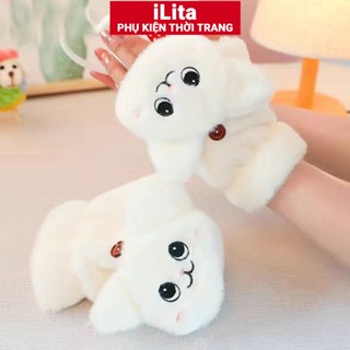 Găng tay len hở ngón, bao tay len nữ mùa đông đính charm iLita ngón tay chạm màn hình cảm ứng dày giữ ấm chống nắng