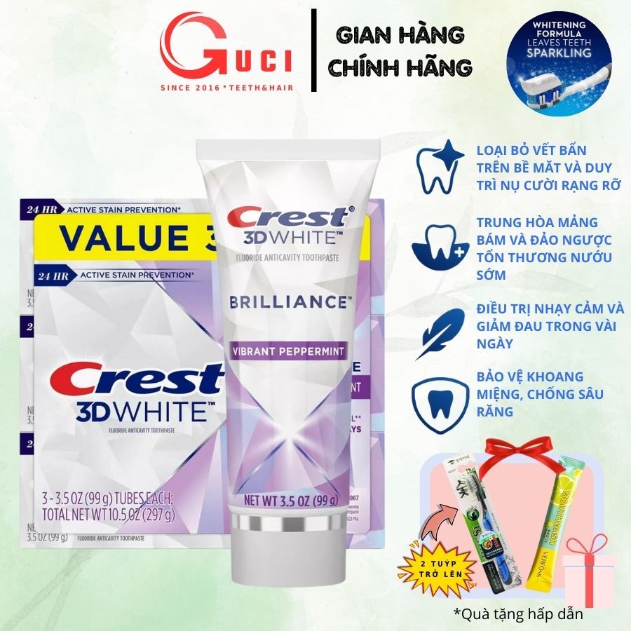 Kem đánh răng Crest 3D White Brilliance 99g bản nâng cấp, loại bỏ vết ố, hỗ trợ trắng răng