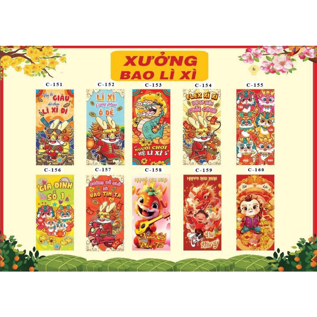 Combo 100 bao lì xì tết 2024 mẫu mới tặng bóng kính đựng sét 10 lì xì