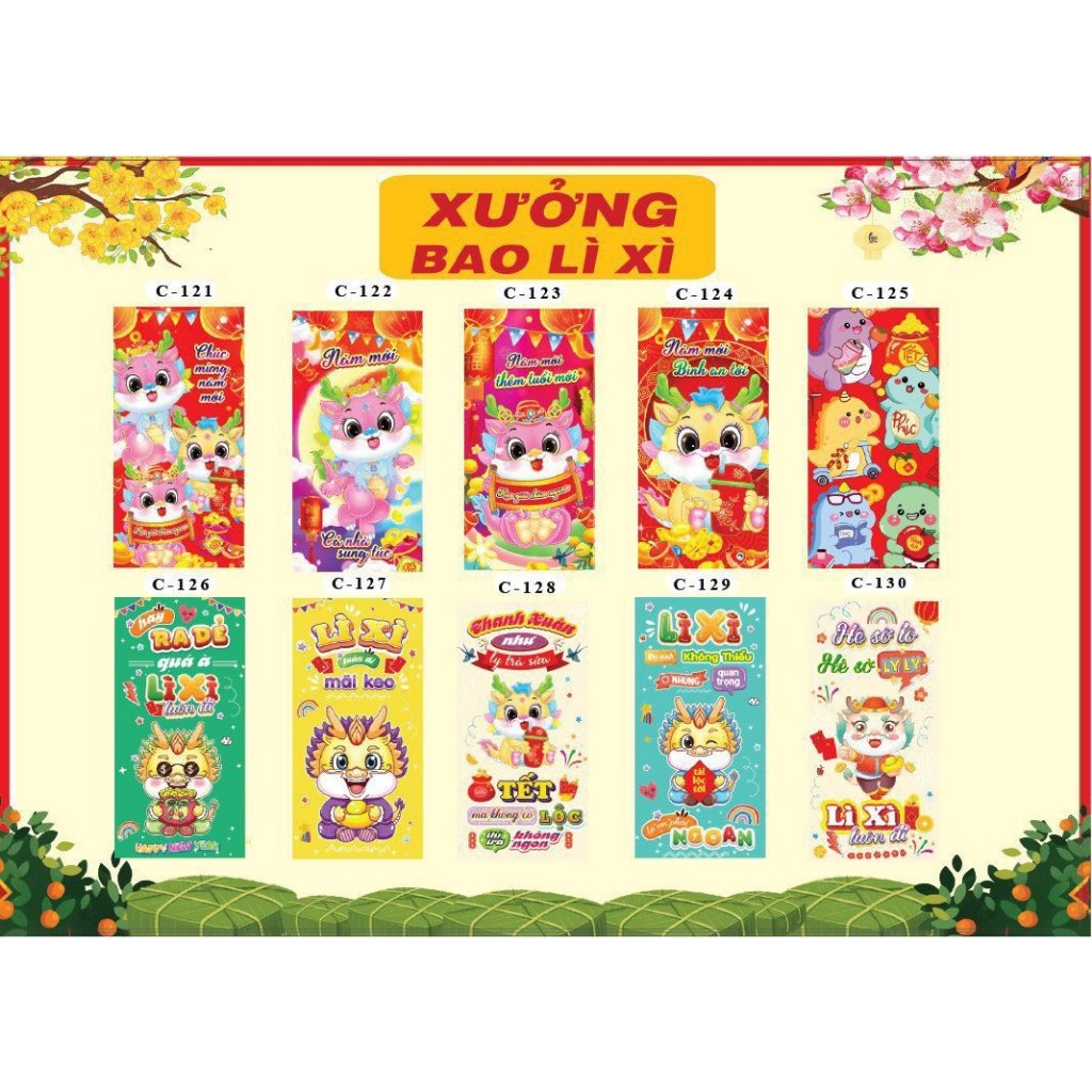 Combo 100 bao lì xì tết 2024 mẫu mới tặng bóng kính đựng sét 10 lì xì