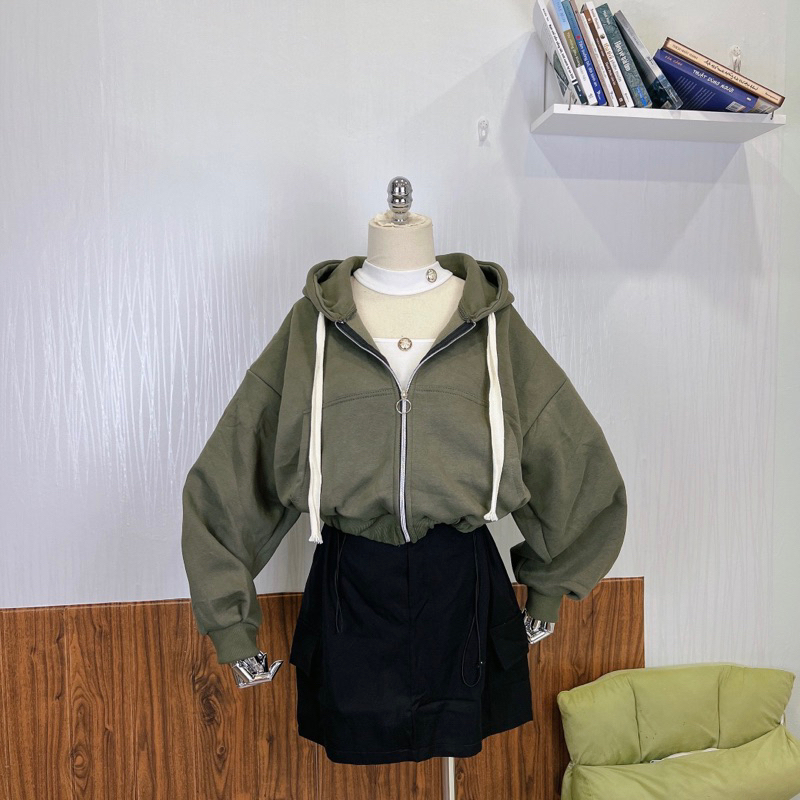 Áo Khoác Nỉ Ngoại Xanh Rêu Croptop