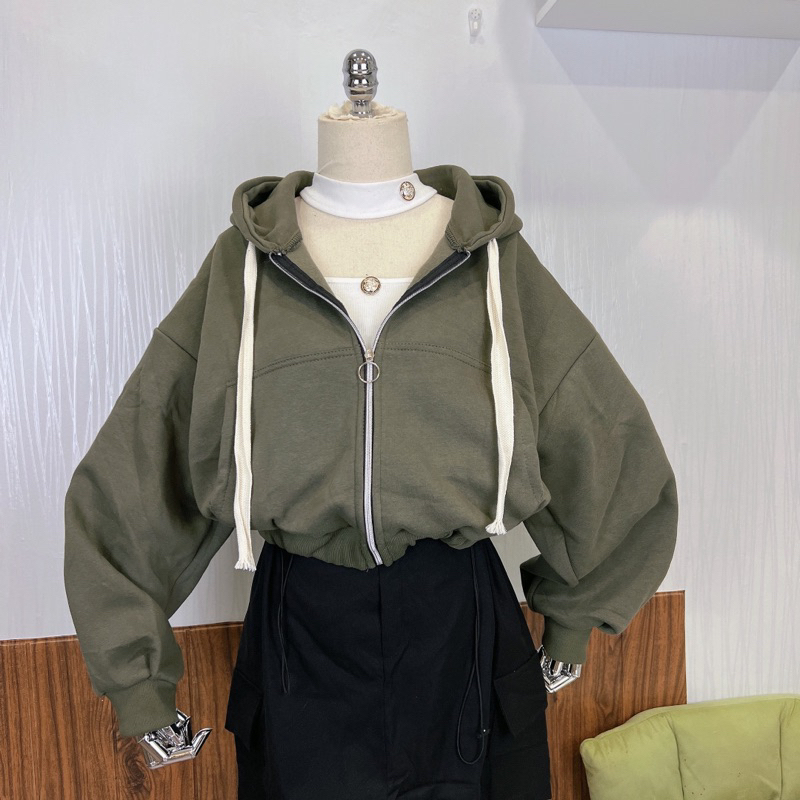 Áo Khoác Nỉ Ngoại Xanh Rêu Croptop