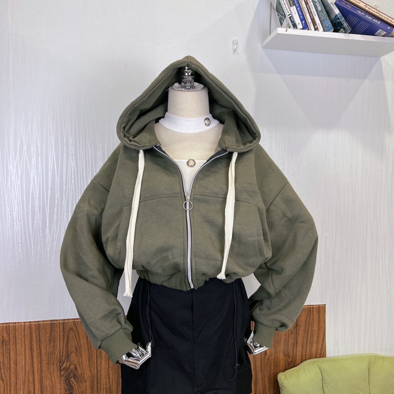 Áo Khoác Nỉ Ngoại Xanh Rêu Croptop