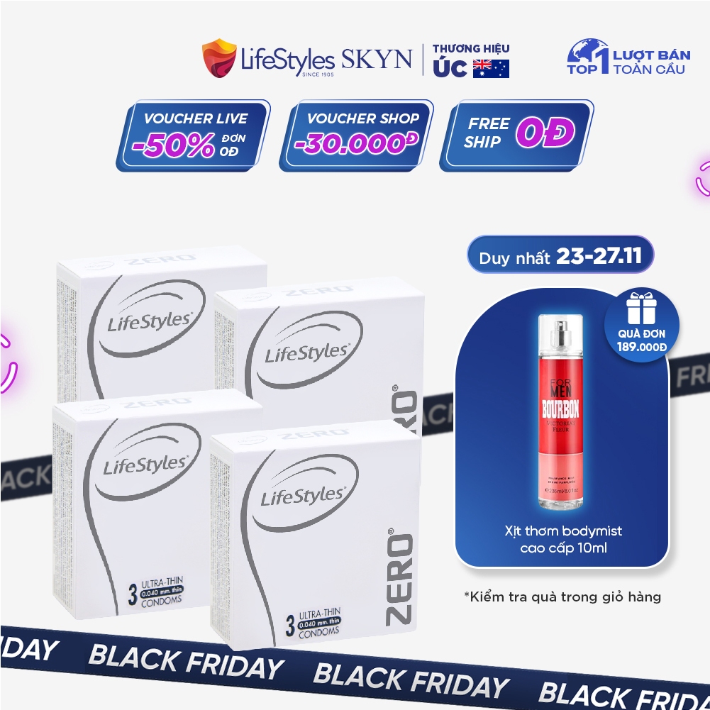 Combo 4 bao cao su LifeStyles Zero cao cấp siêu mỏng nhiều gel bôi trơn hộp 3 bao