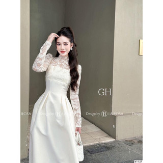 Váy thiết kế tafta phối ren tay dài cổ cao dáng dài xoè tiểu thư HP93 size SML
