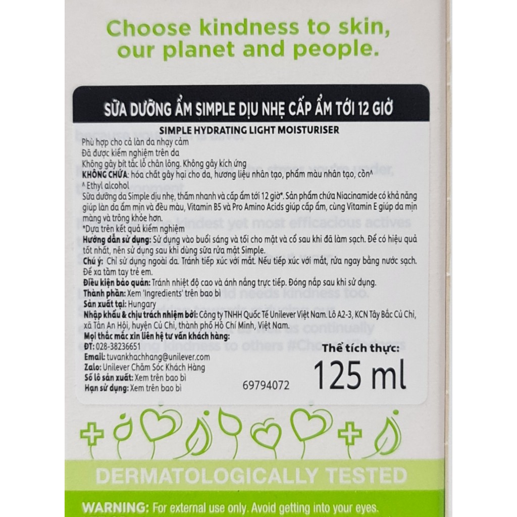 Kem Lotion Dưỡng Da Simple Kind To Skin Hydrating Light Moisturiser 125ml