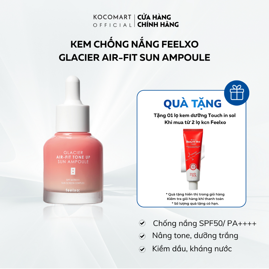 Kem chống nắng, tinh chất chống nắng dưỡng trắng nâng tone Feelxo Glacier Air- Fit Tone Up Sun Ampoule SPF50+/PA+++