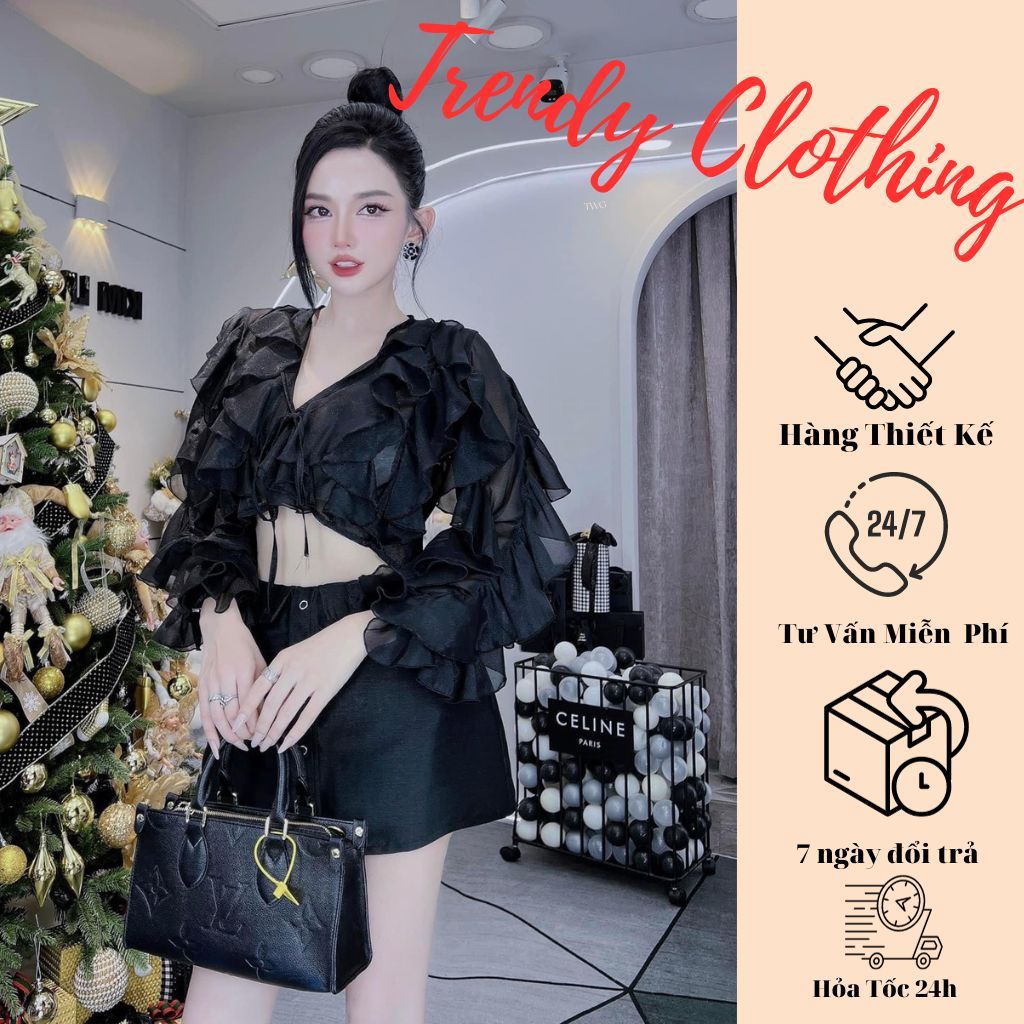 Set bộ nữ, Áo kiểu bèo viền chất tơ phối chân váy kaki sang trọng Trendy Clothing