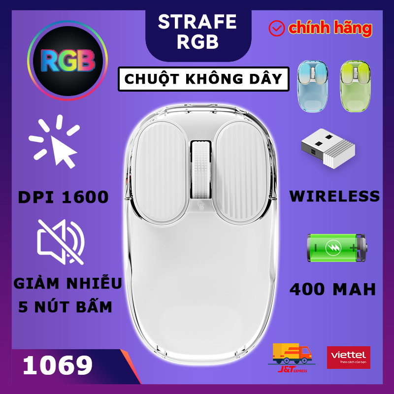 Chuột không dây 1069 LED RGB 5 nút bấm 1600 DPI silent chống ồn ko dây wireless 2.4G cho máy tính,laptop