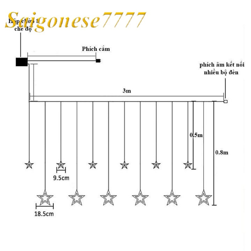 Sỉ 60K- Dây đèn LED rèm trăng sao chống thấm nước trang trí ngoài trời, dài 3.5m có phích cắm, đèn led nháy mành rèm rũ