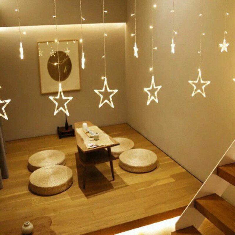 Sỉ 60K- Dây đèn LED rèm trăng sao chống thấm nước trang trí ngoài trời, dài 3.5m có phích cắm, đèn led nháy mành rèm rũ