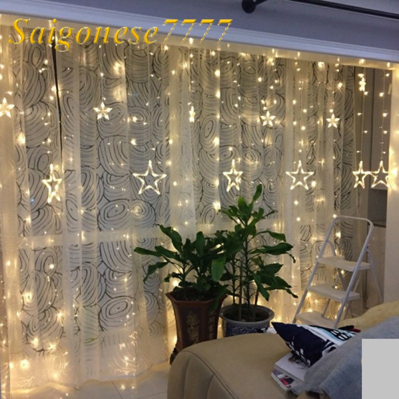 Sỉ 60K- Dây đèn LED rèm trăng sao chống thấm nước trang trí ngoài trời, dài 3.5m có phích cắm, đèn led nháy mành rèm rũ