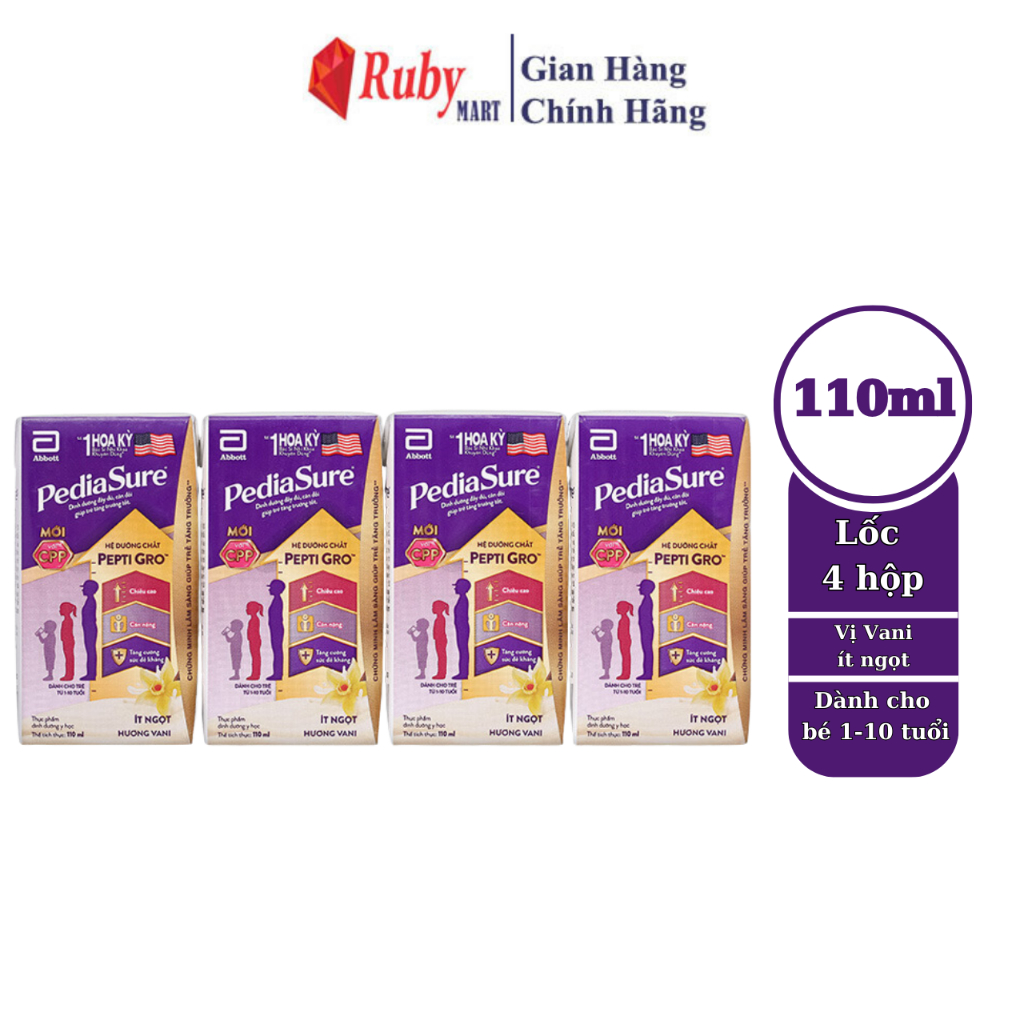 [Date T1/25] Lốc 4 hộp sữa nước Pediasure hương vani ít ngọt (110ml) cho trẻ 1-10 tuổi