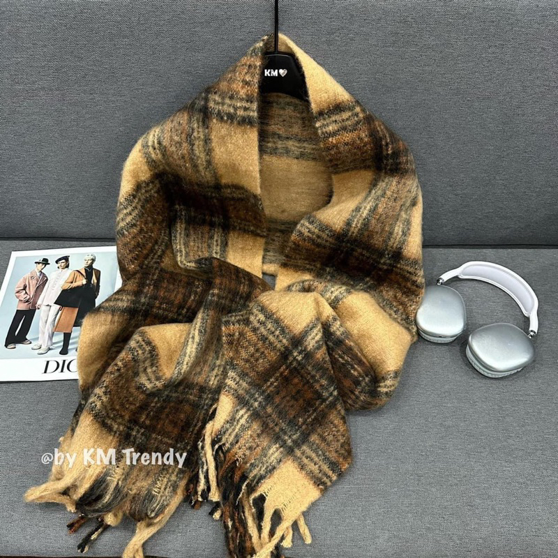 KHĂN LEN CASHMERE KẺ NÂU TÂY
