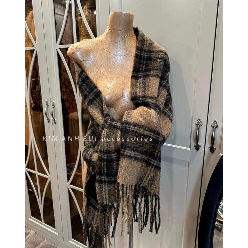 KHĂN LEN CASHMERE KẺ NÂU TÂY