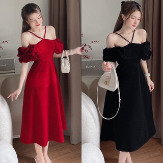 Đầm đi tiệc trễ vai tay phồng phối nhung mềm Haran Dress