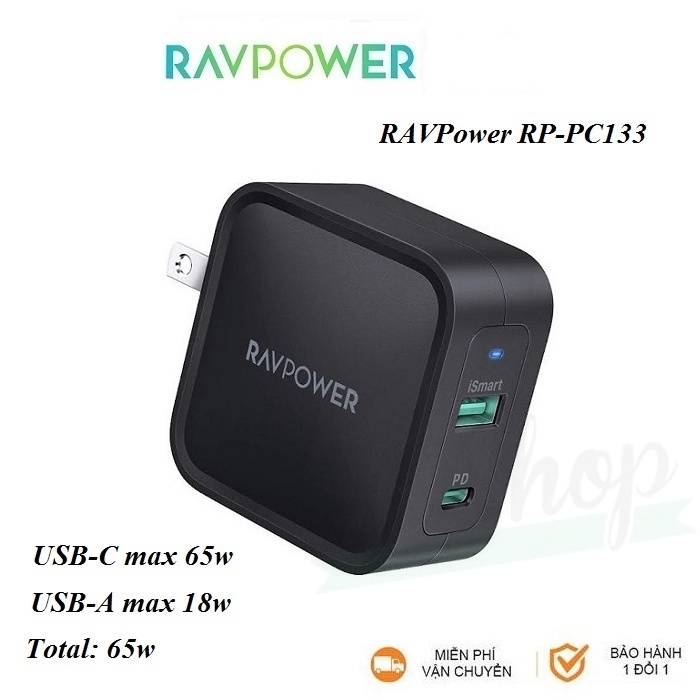 Củ Sạc siêu nhanh 2 cổng sạc(1PD+1 USB) RAVpower RP- PC133 CPCN002 GaN Tech PD3.0 65W Sạc Nhanh Điện