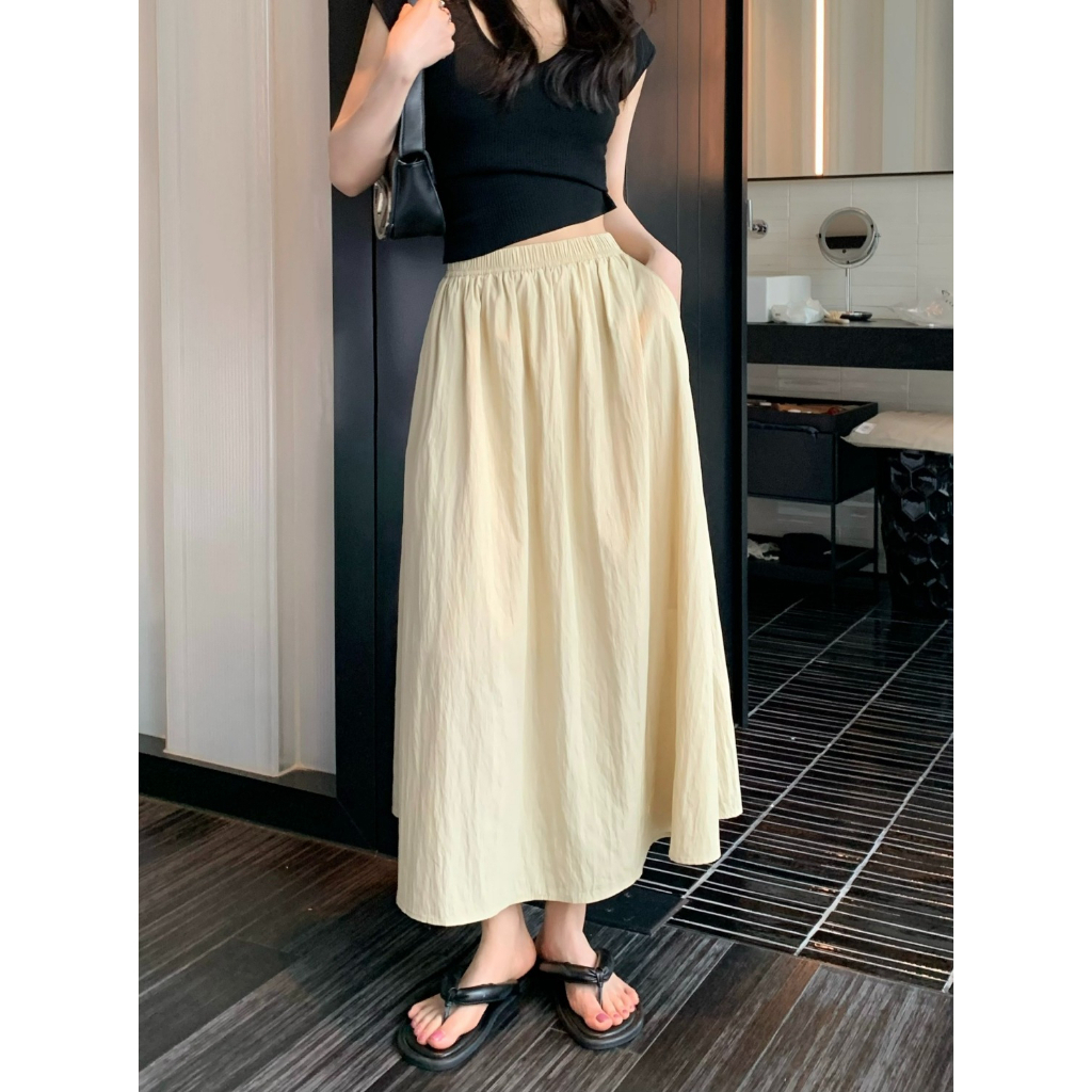 QOEDDV Chân Váy Chữ A Lưng Thun Dáng Rộng Xếp Ly Lưng Cao Mùa Hè Kiểu Dáng Vintage Thường Ngày Dành Cho Bạn Nữ