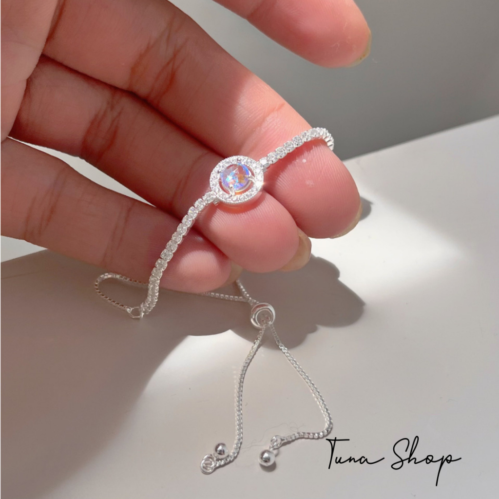 Lắc tay Bạc nữ gắn đá cao cấp, Vòng tay rút bạc đính đá đổi màu TUNA SILVER, CAM KẾT CHUẨN BẠC