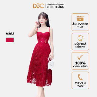Đầm Nữ Dự Tiệc Sang Trọng, Đầm Đỏ Thiết Kế Ren Hai Dây Kèm Đai Dáng Xếp Ly Dài DVC Fashion V4033