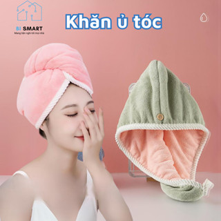 Khăn ủ tóc lau khô đầu hai lớp dày dặn Bismart, Khăn chùm đầu chất vải lông cừu mềm mại siêu thấm hút