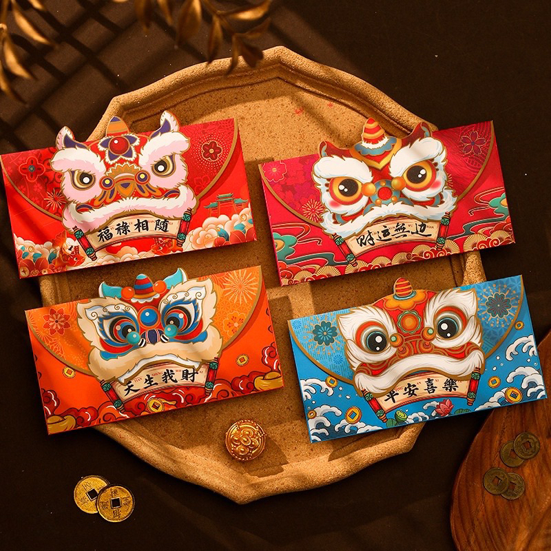 Sỉ 6k/ set- Lì Xì Đầu Lân 2024 Set 4 Bao Lì Xì Kì Lân Đỏ Loại Nhám Cao Cấp Giấy Cứng Dày Dặn Lì Xì Rồng Phong Bì Tết