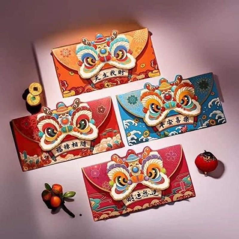 Sỉ 6k/ set- Lì Xì Đầu Lân 2024 Set 4 Bao Lì Xì Kì Lân Đỏ Loại Nhám Cao Cấp Giấy Cứng Dày Dặn Lì Xì Rồng Phong Bì Tết