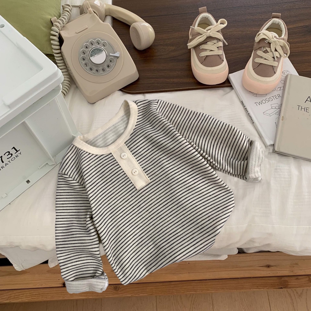 TE490 -Áo dài tay kẻ tăm hai da Hokiha Kids cho bé trai bé gái hoạ tiết kẻ sọc thời trang chất mềm mại size 8-17kg