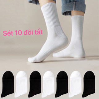 Sét 10 Tất vớ trắng đen nam nữ cổ cao cổ trung cổ ngắn chất liệu cotton dệt kim xuất khẩu