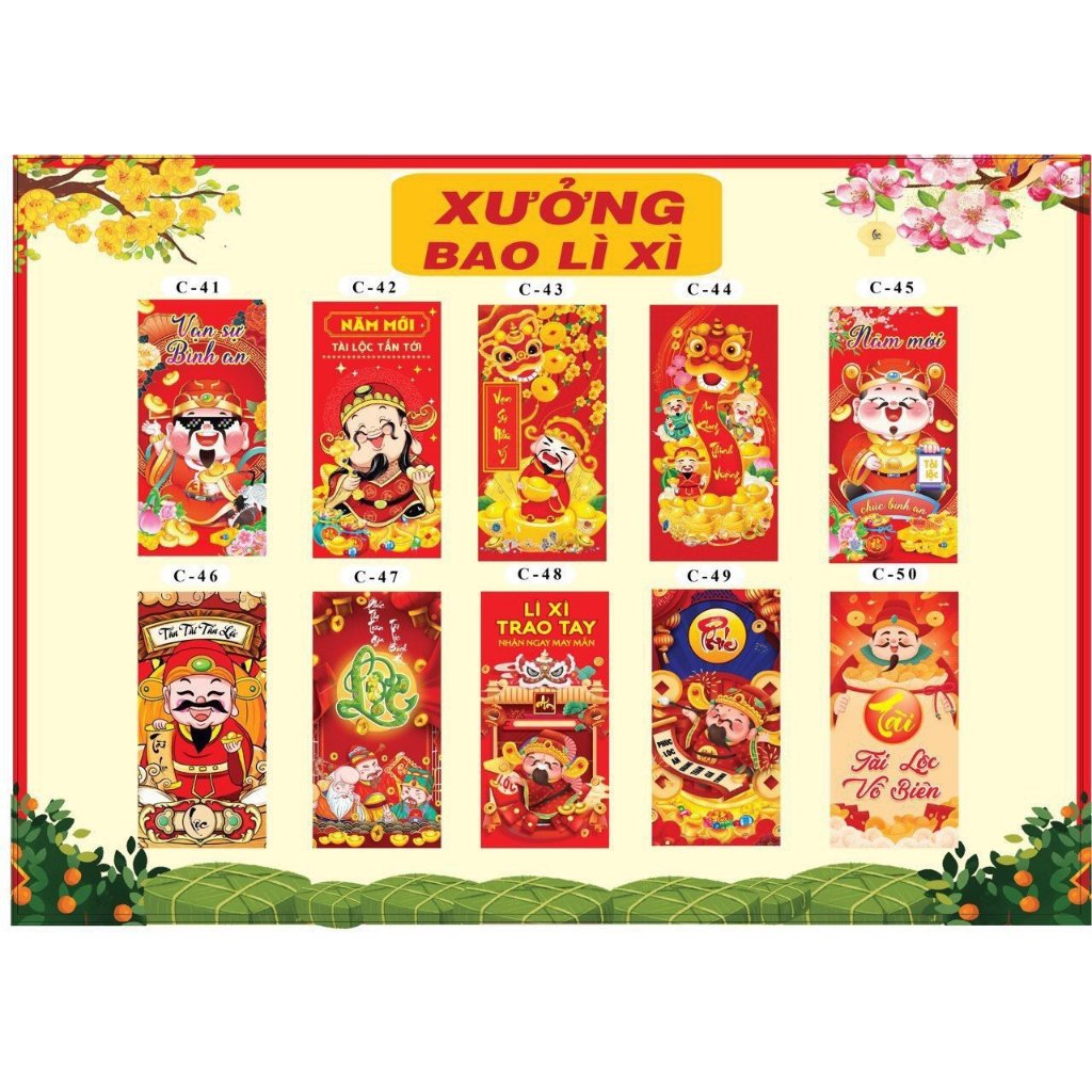 Combo 100 bao lì xì tết 2024 mẫu mới tặng bóng kính đựng sét 10 lì xì