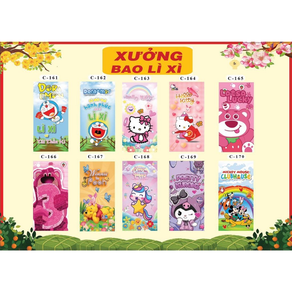 Combo 100 bao lì xì tết 2024 mẫu mới tặng bóng kính đựng sét 10 lì xì