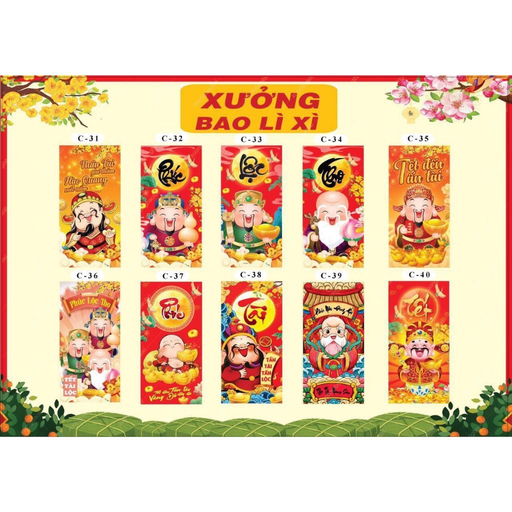 Combo 100 bao lì xì tết 2024 mẫu mới tặng bóng kính đựng sét 10 lì xì