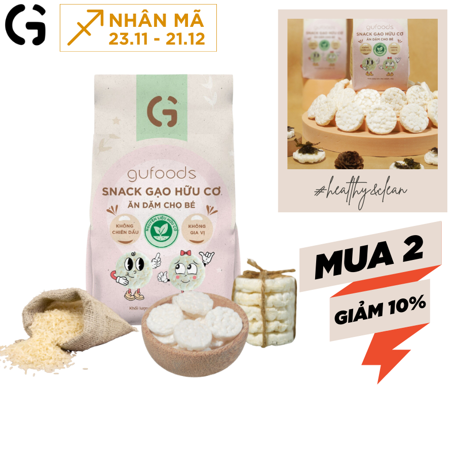 Bánh ăn dặm hữu cơ cho bé GUfoods (Gói 40g/5g) - Dễ tiêu hoá, Phù hợp cho bé từ 1 tuổi, Không gia vị, Gạo organic