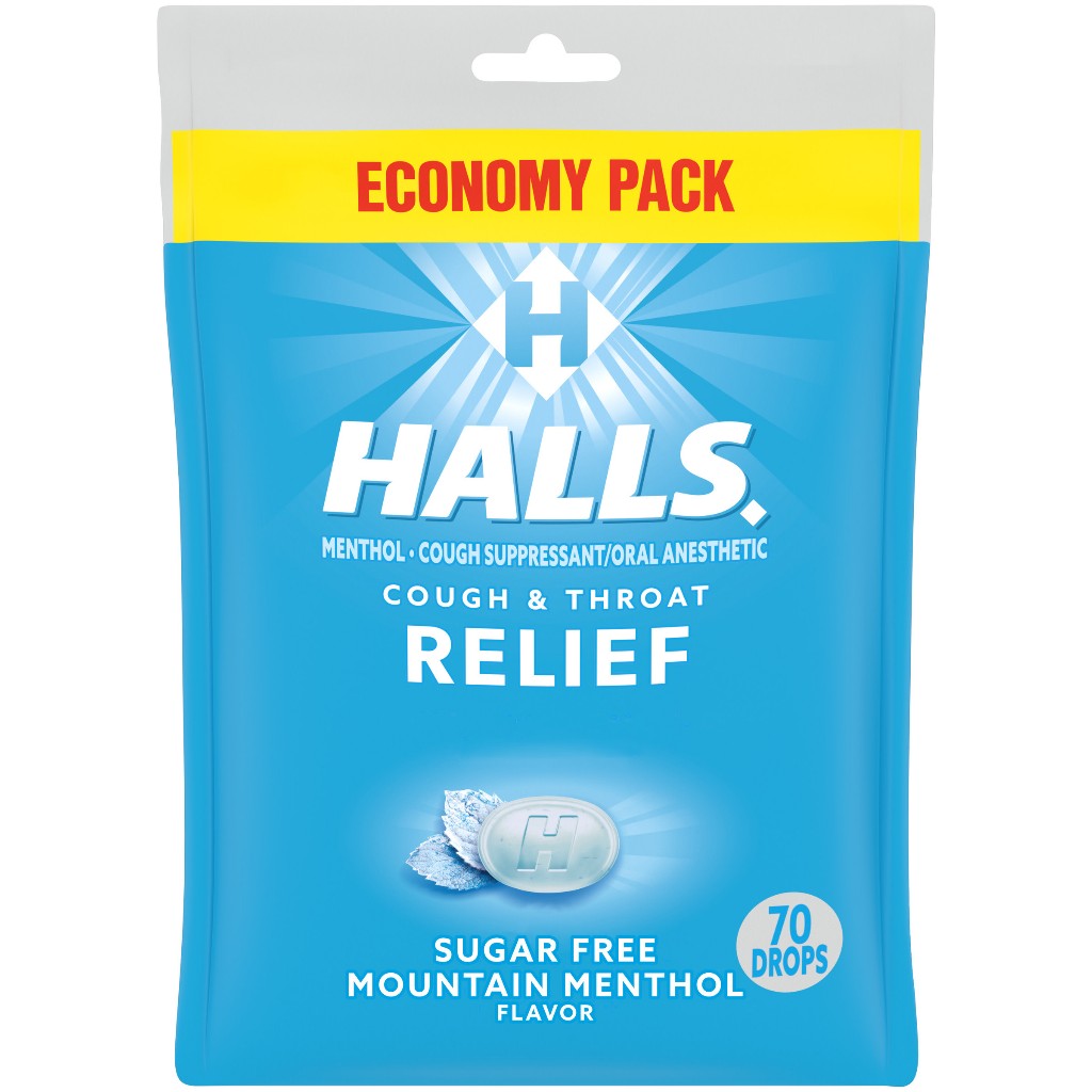 Kẹo ngậm không đường, giảm ho vị Bạc Hà - HALLS Relief Mountain Menthol Cough Drops- 70 Viên