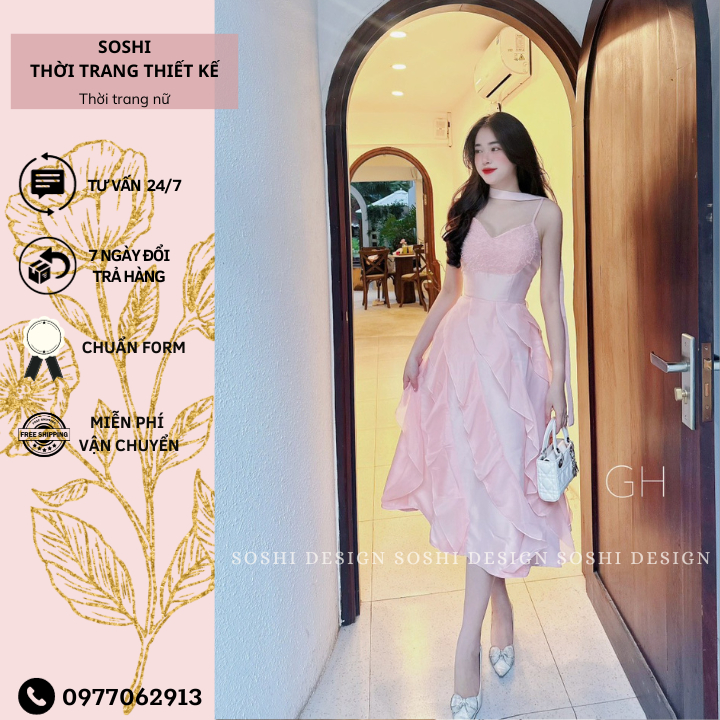 Đầm dự tiệc tafta phối tơ kèm dây cổ, Váy 2 dây cô dâu thiết kế đính lông vũ siêu tiểu thư form chuẩn