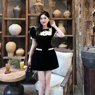 ( Hàng Cao Cấp Loại 1 ) Đầm Váy Nhung Cổ Ren Kem Đính Nơ Tay Bồng Dáng Xoè Đỏ Đen Tiểu Thư Chơi Lễ Noel Tết