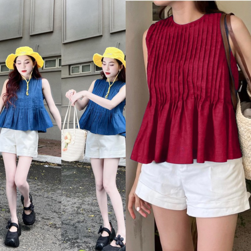 SET ÁO PEPLUM XANH NAVY XẾP LI + SHORT TRẮNG