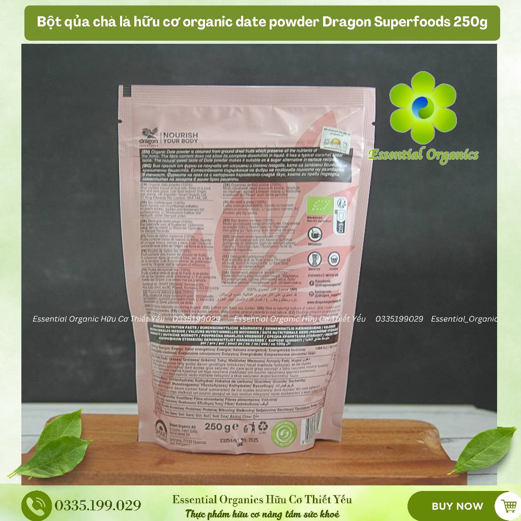 Bột  quả chà là hữu cơ organic date powder Dragon Superfoods 250g