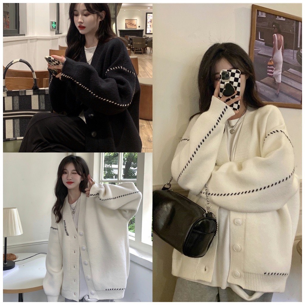 Áo Khoác Nữ, Áo Cadigan Thêu Viền Dáng Basic 2 Màu Chất Len Dày Xịn Siêu Hot
