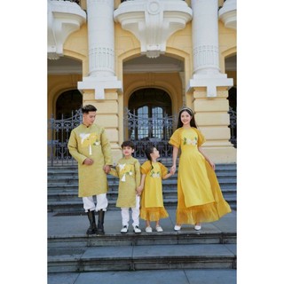 Áo dài cách tân gia đình Diên Hy màu vàng hoạ tiết được đính kết tỉ mỉ cùng chất liệu cao cấp - MM51